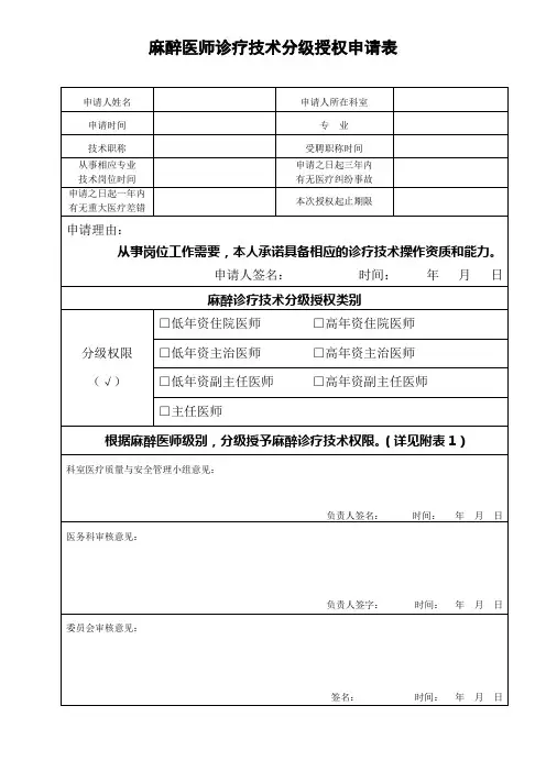 麻醉医师诊疗技术分级授权申请表(定稿)