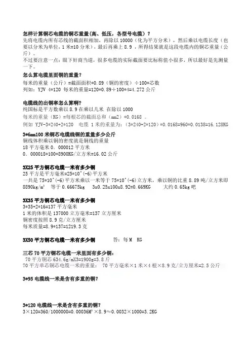 铜芯电缆一米有多少铜