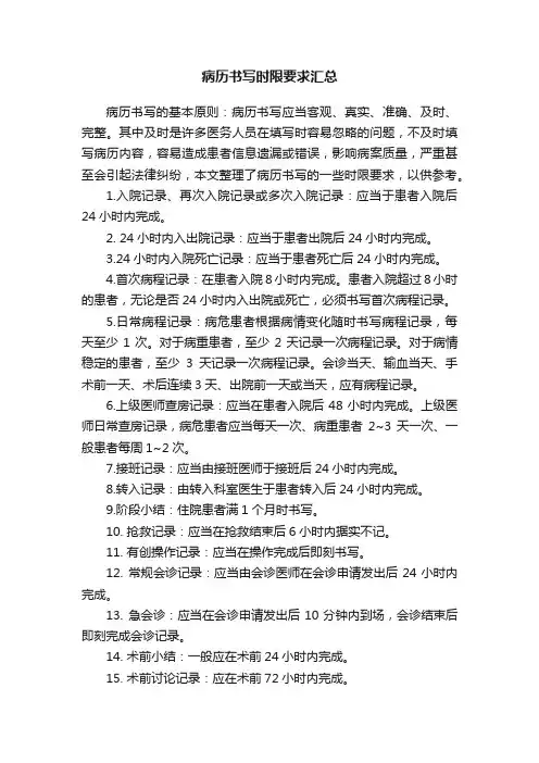 病历书写时限要求汇总