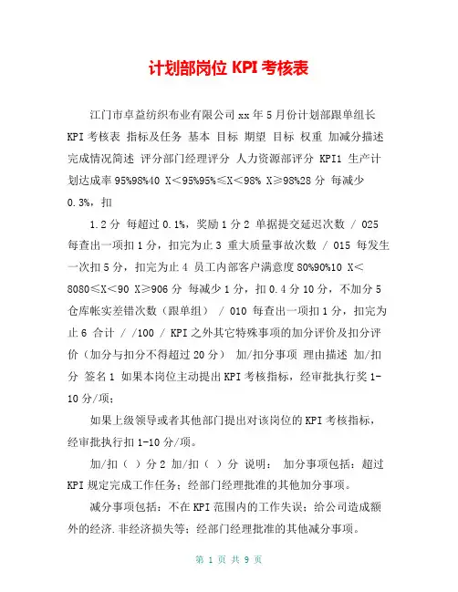 计划部岗位KPI考核表