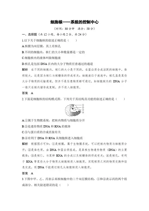 人教版 高中生物必修一3.3 细胞核——系统的控制中心 课时作业