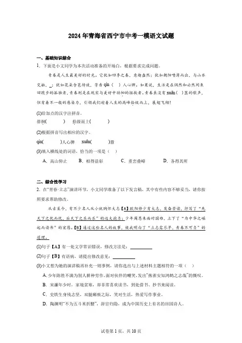 2024年青海省西宁市中考一模语文试题