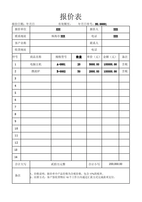 报价表报价单
