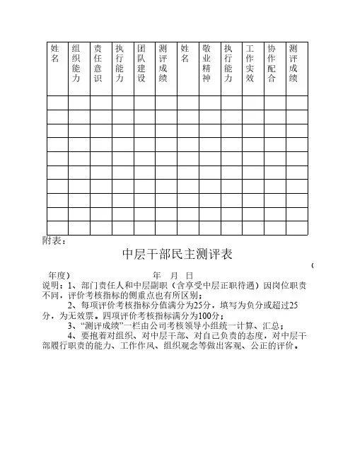 中层干部民主测评表