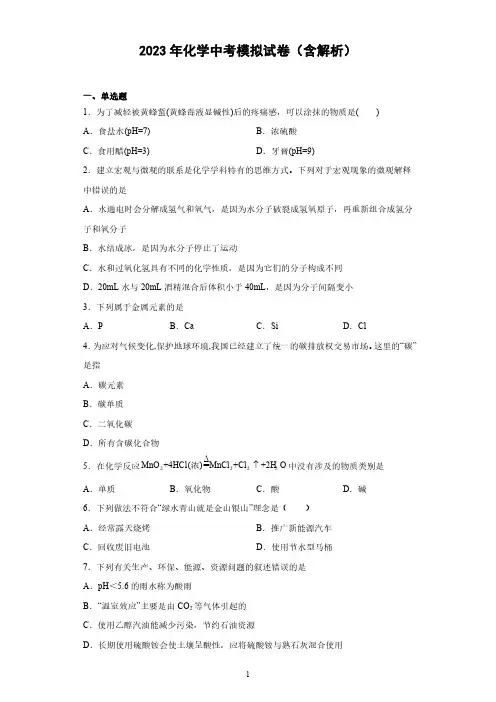 2023年化学中考模拟试卷(含解析)