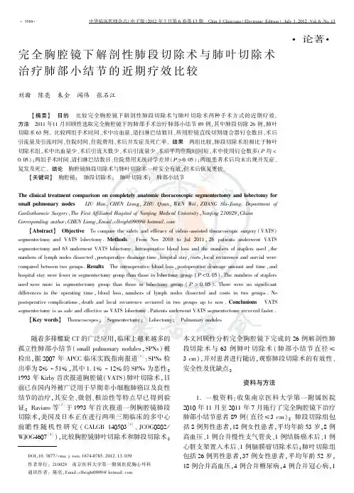 论著 完全胸腔镜下解剖性肺段切除术与肺叶切除术 治疗肺部