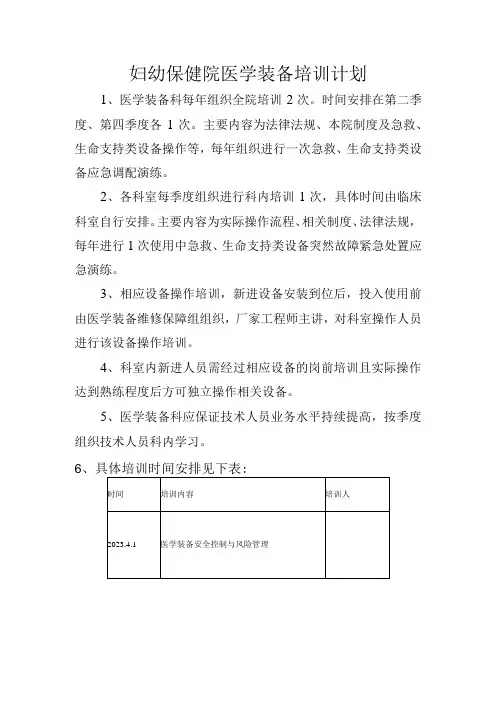 妇幼保健院医学装备培训计划