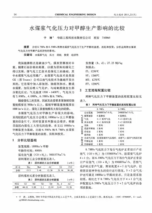 水煤浆气化压力对甲醇生产影响的比较