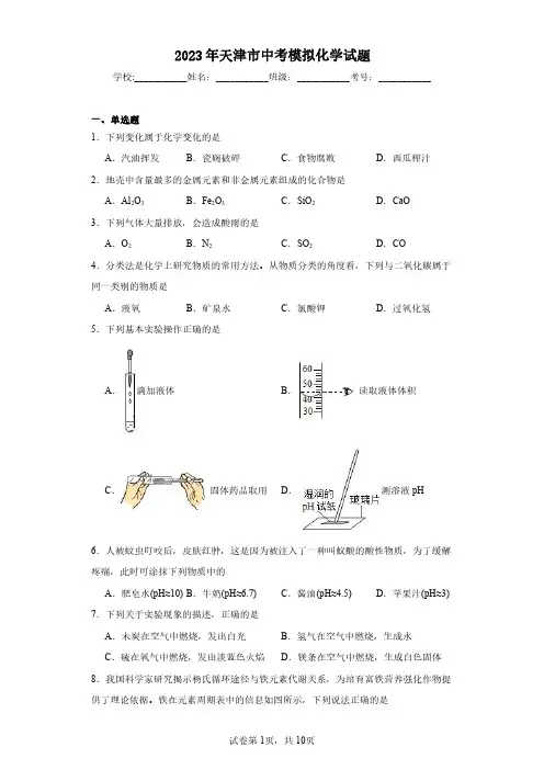 2023年天津市中考模拟化学试题(含答案解析)