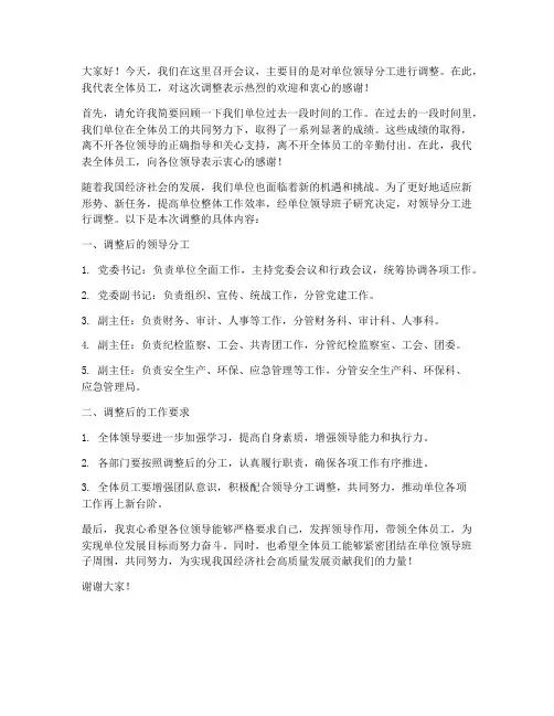 单位领导分工调整发言稿