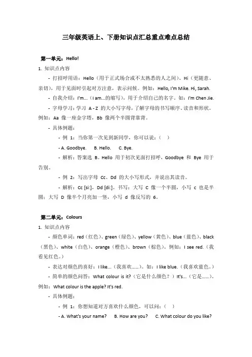人教版三年级英语上、下册知识点汇总重点难点总结