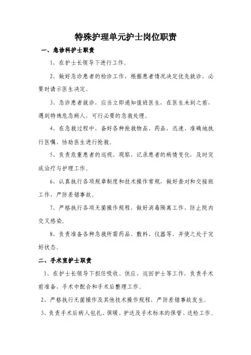 特殊护理单元护士岗位职责