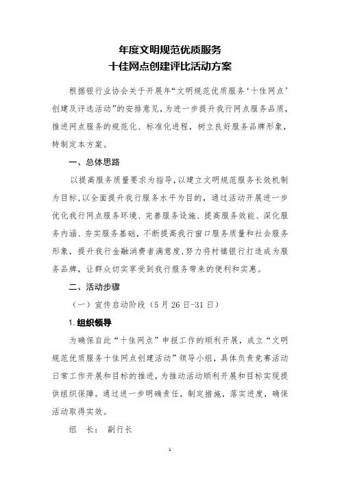 银行支行网点 创建及评选方案(年度文明规范优质服务十佳网点创建评比活动方案)