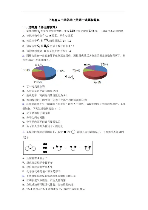 上海育人中学化学初三化学上册期中试题和答案