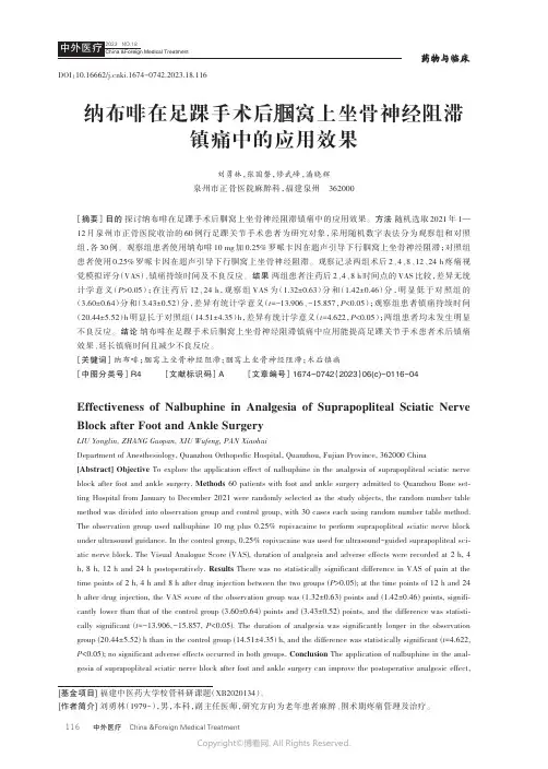 纳布啡在足踝手术后腘窝上坐骨神经阻滞镇痛中的应用效果