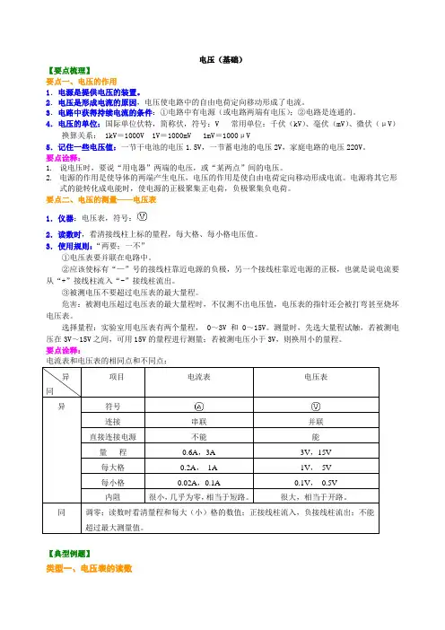 初三物理电压基础知识讲解