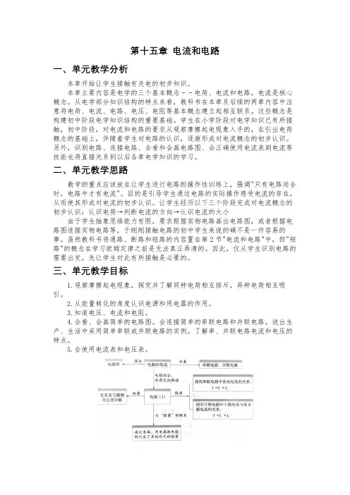 人教版物理九年级全册第十五章 电流和电路单元教学设计及思维导图