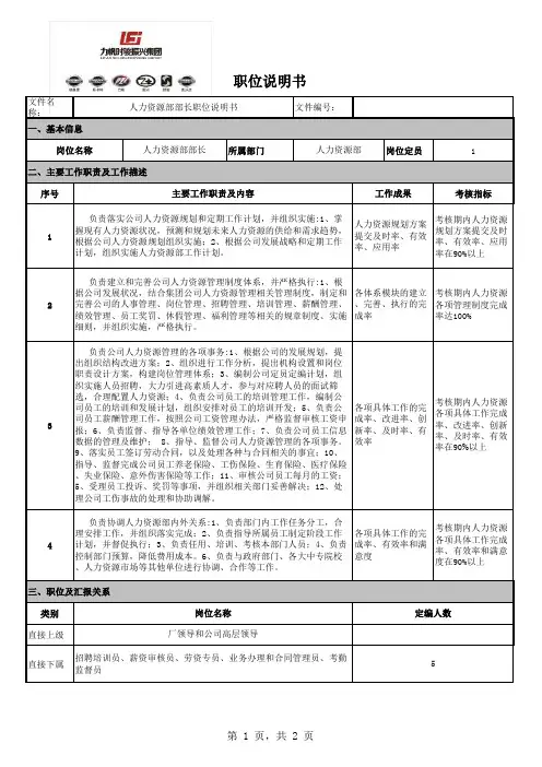 人力资源部部长职位说明书