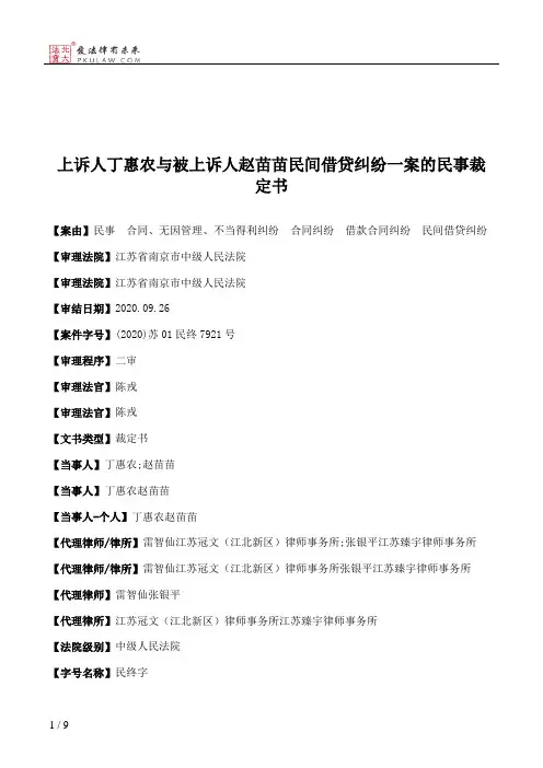 上诉人丁惠农与被上诉人赵苗苗民间借贷纠纷一案的民事裁定书