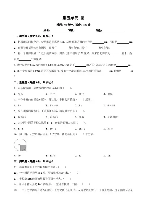 第五单元 圆 单元测试 2024-2025学年人教版数学六年级上册