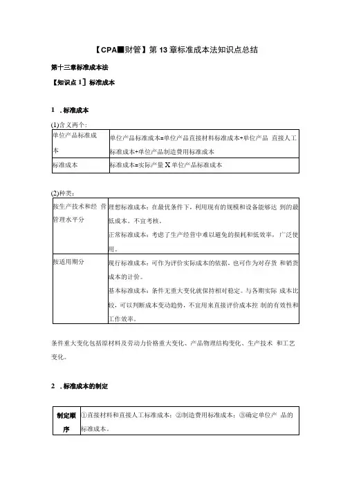 【CPA-财管 】第13章标准成本法知识点总结