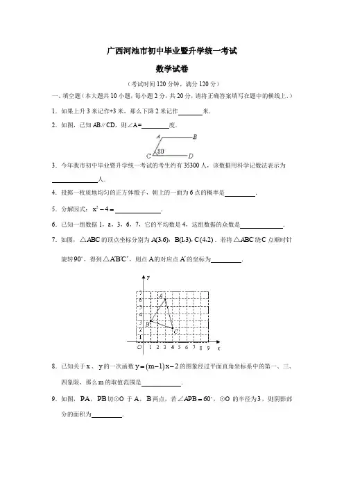 广西河池市初中毕业暨升学统一考试