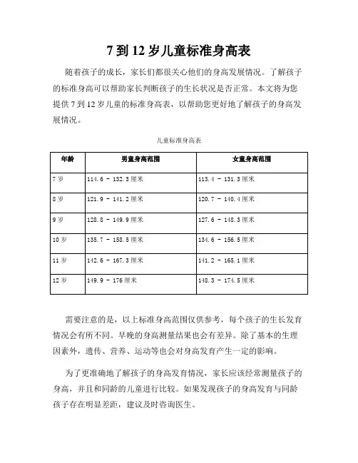 7到12岁儿童标准身高表