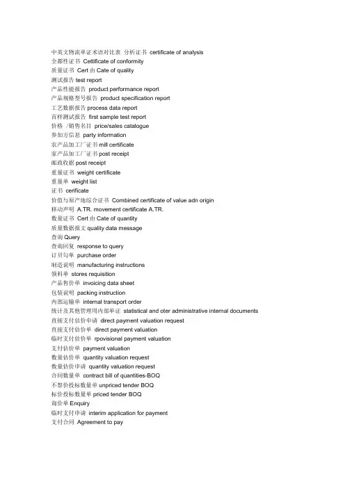 中英文物流单证术语对照表