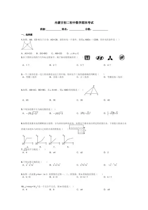 内蒙古初二初中数学期末考试带答案解析
