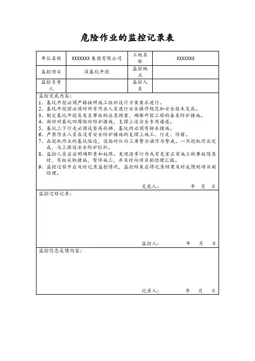 危险作业的监控记录表(深基坑开挖)