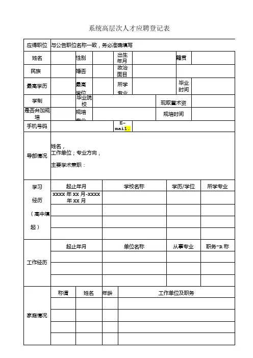 系统高层次人才应聘登记表