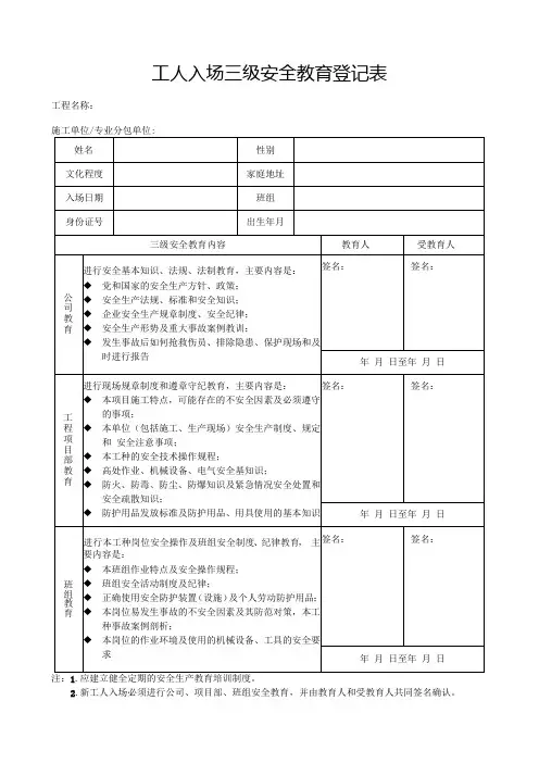 工人入场三级安全教育登记表