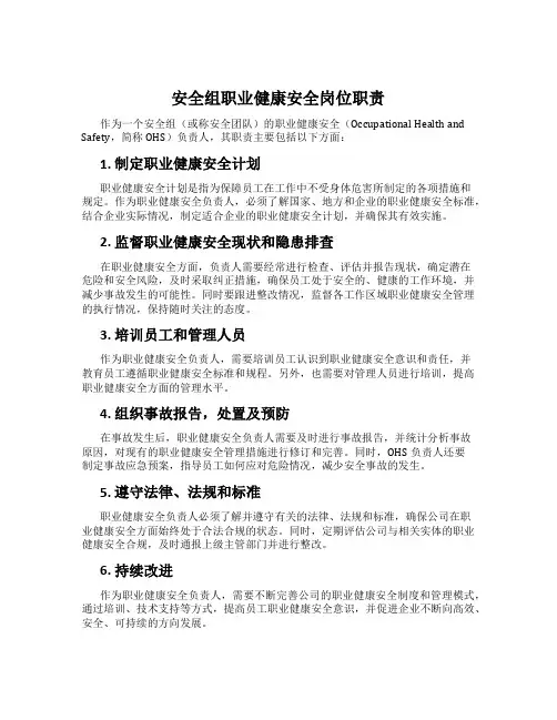 安全组职业健康安全岗位职责