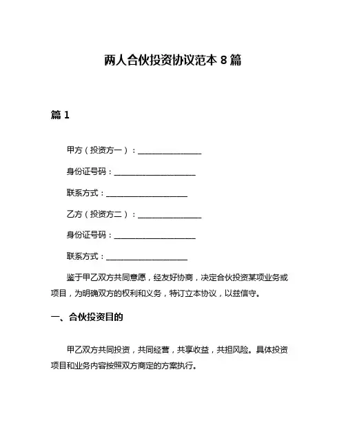 两人合伙投资协议范本8篇