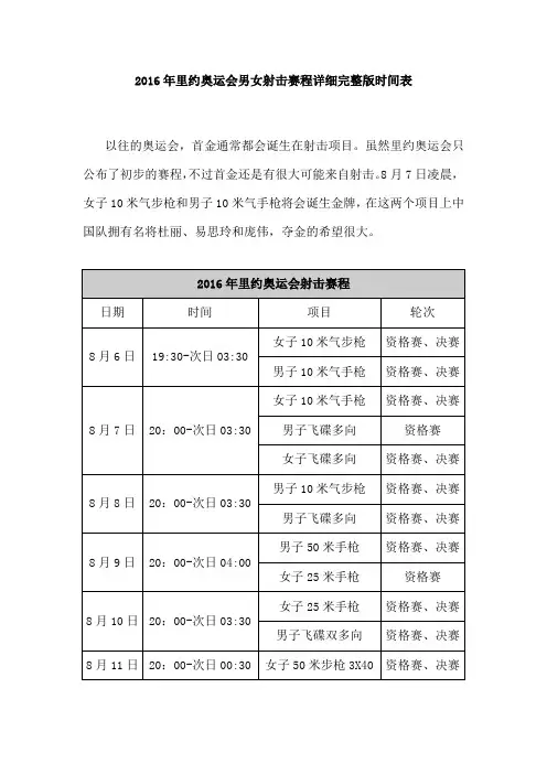 2016年里约奥运会男女射击赛程详细完整版时间表