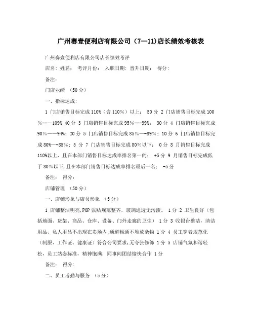 广州赛壹便利店有限公司(7-11)店长绩效考核表