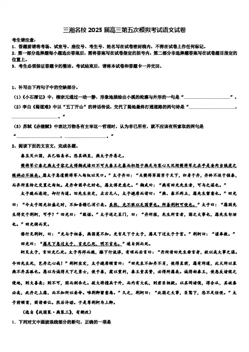 三湘名校2025届高三第五次模拟考试语文试卷含解析