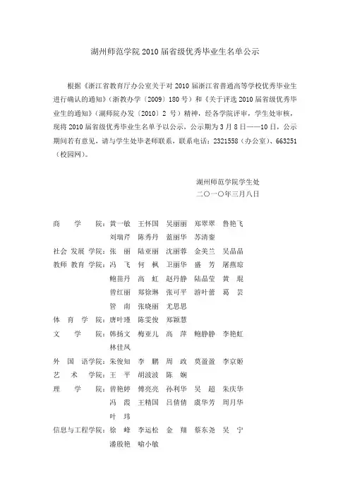 湖州师范学院2010届省级优秀毕业生名单公示