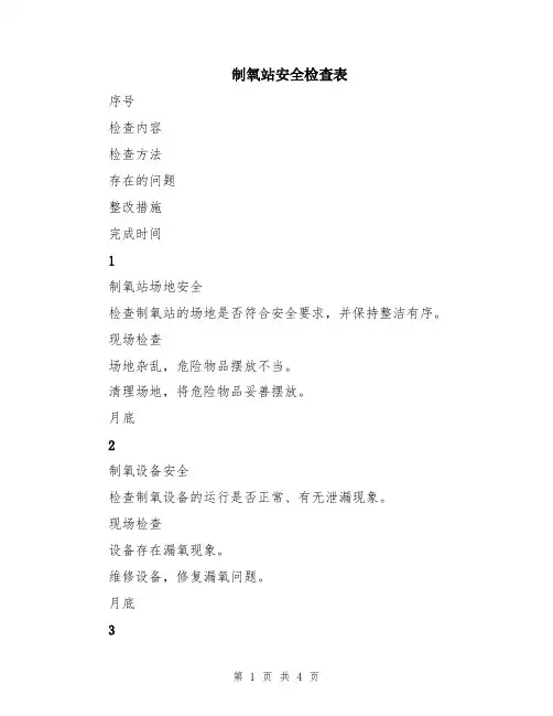 制氧站安全检查表