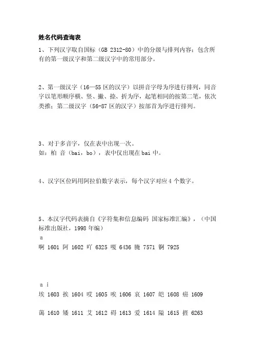 [小学教育]姓名代码查询表