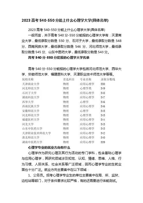 2023高考540-550分能上什么心理学大学（具体名单）
