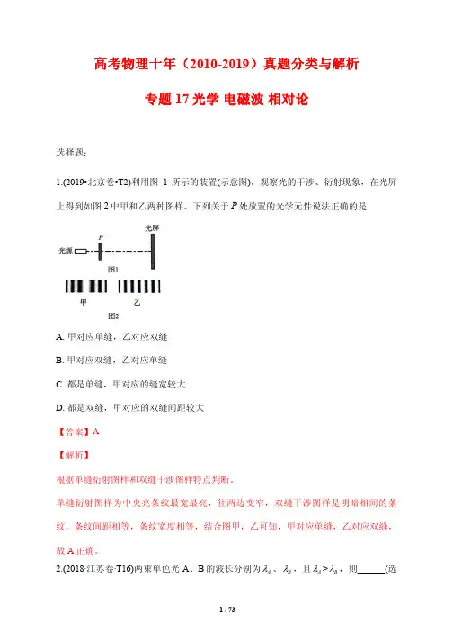 高考物理十年(2010-2019)真题分类与解析17---光学 电磁波 相对论