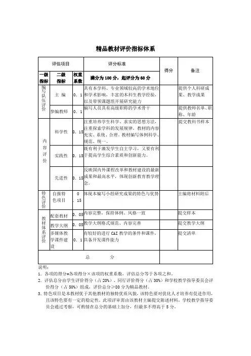精品教材评价指标体系