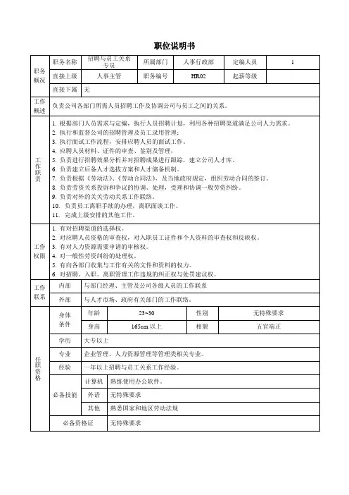 职位说明书(招聘与员工关系专员)