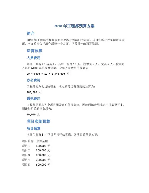 2018年工程部预算方案
