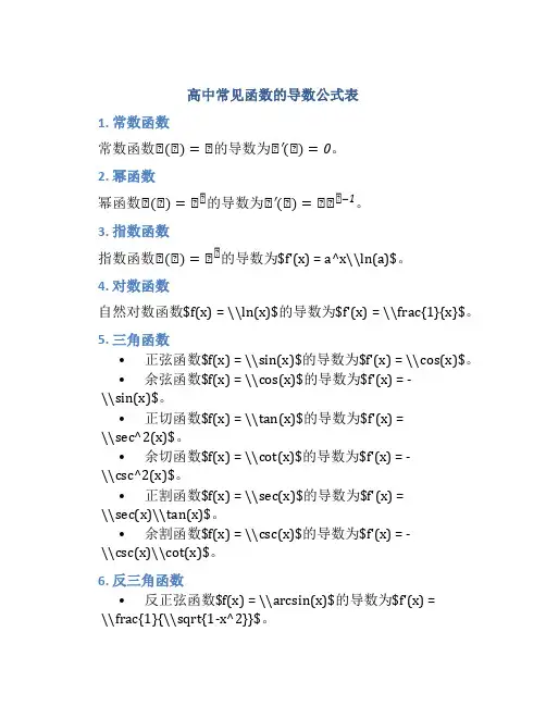高中常见函数的导数公式表