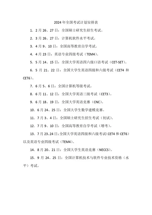 2024年全国考试计划安排表