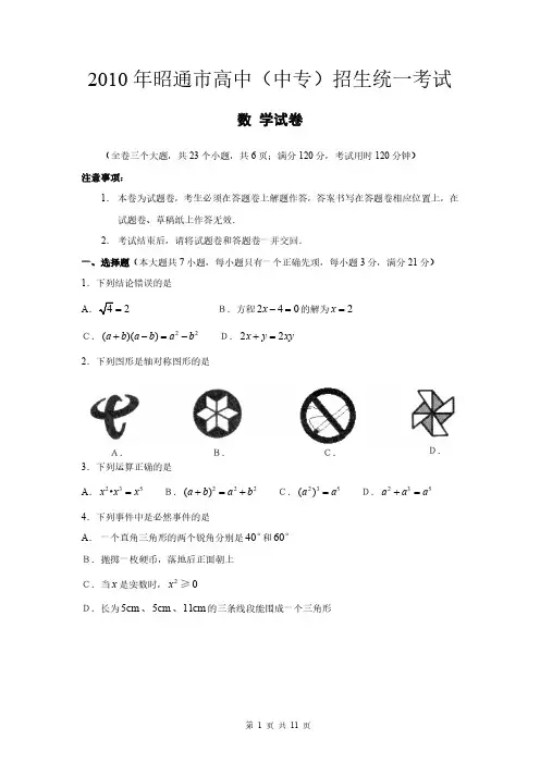 2010年云南省昭通市中考数学试题和答案