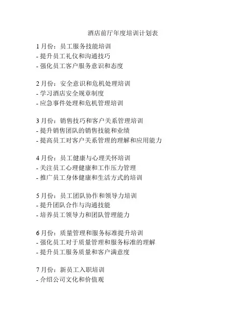 酒店前厅年度培训计划表