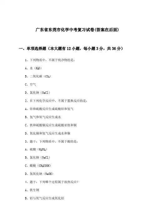 广东省东莞市化学中考试卷及解答参考